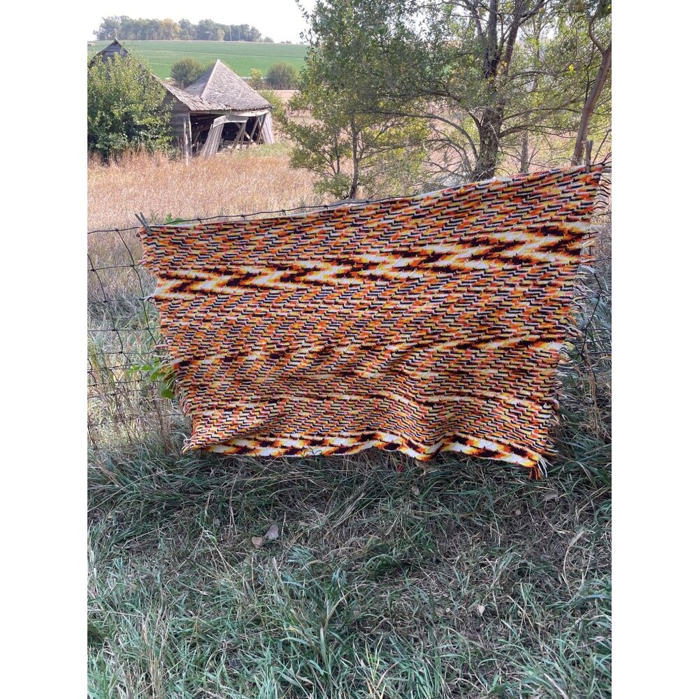 Vintage 1970s Crochet Afghan ZigZag pattern Fringe Orange Brown
